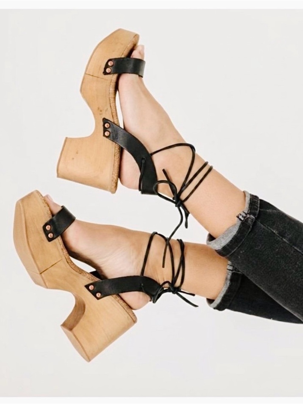 New Free People Aurora Wrap Tie Clog Heel Sandals Size 6 70s Retro Platform